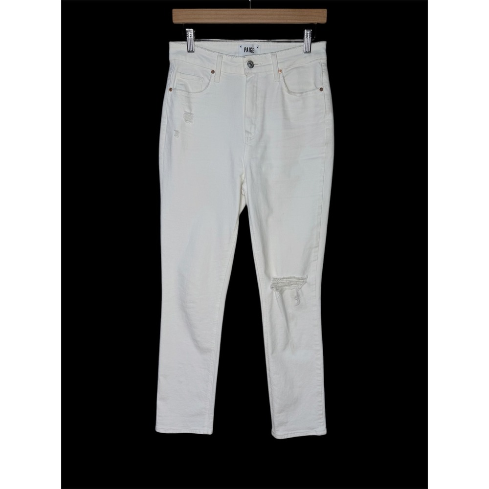 Paige Sarah Slim High Rise Distressed White Jeans Size 28 Knee Rip Stretch Denim